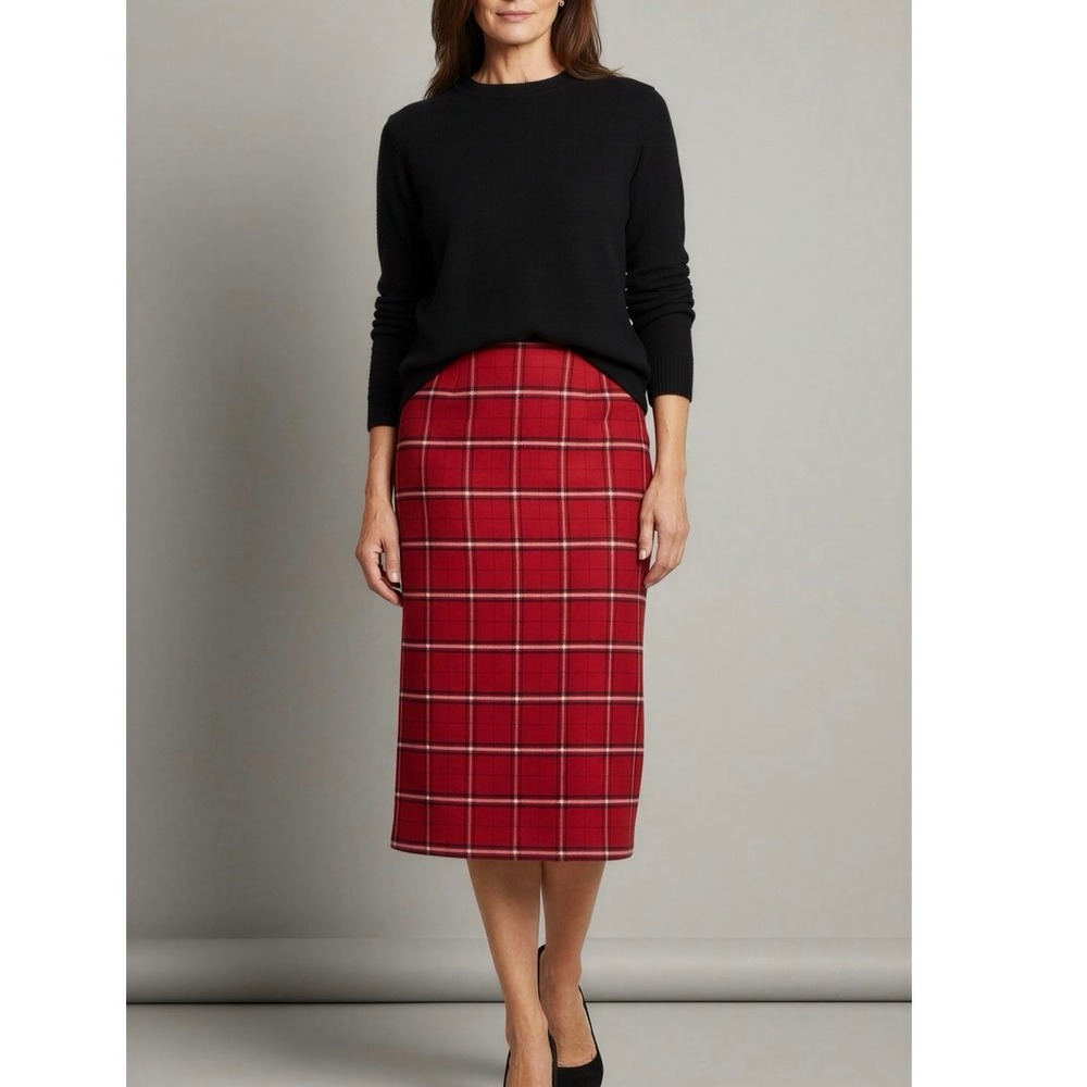 Vintage Nine & Co. Women's Red Plaid‎ Preppy Wool Midi Pencil Skirt Petite 4 NWT